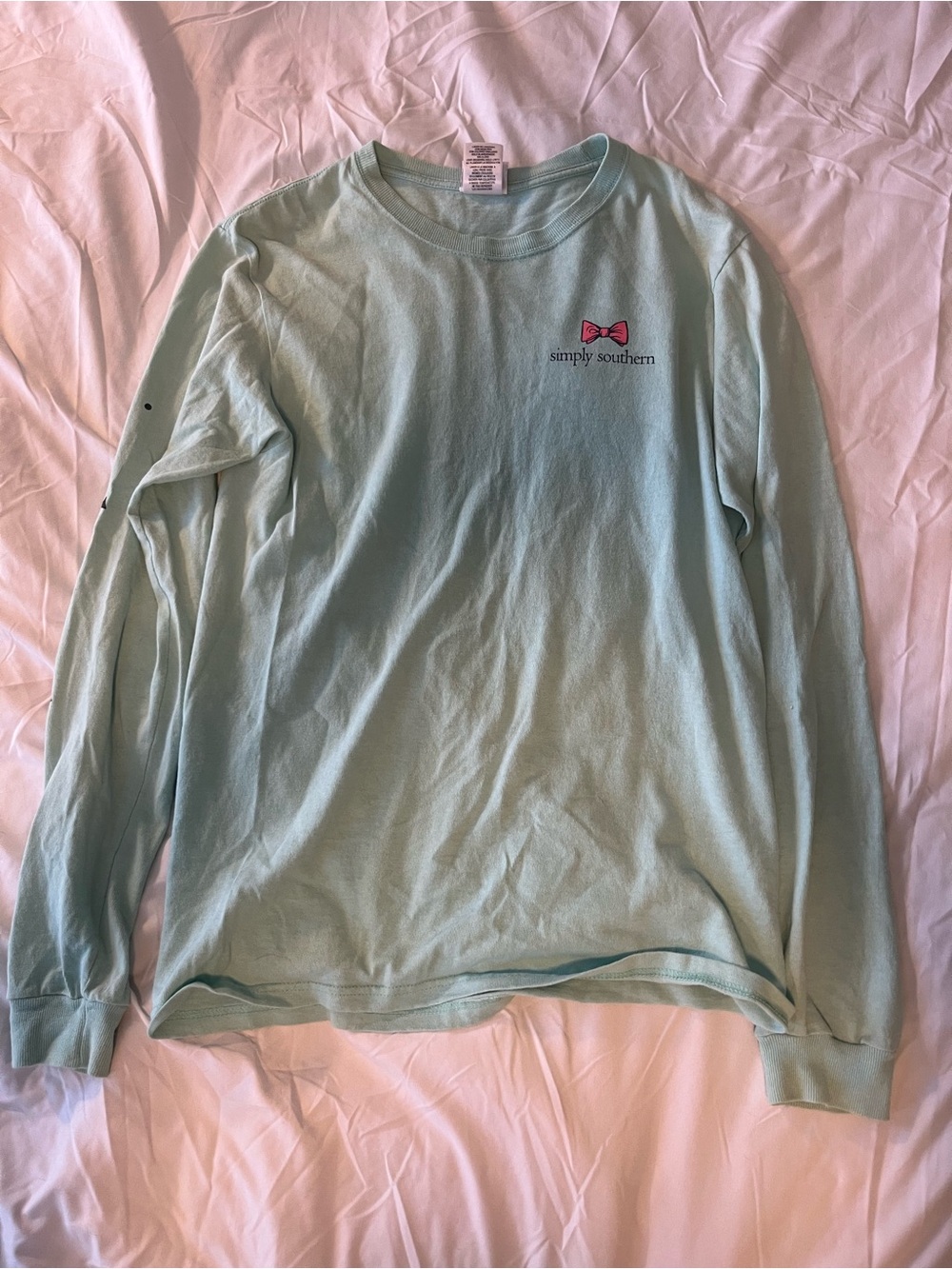 Simply Southern Men's Long Sleeve Tee in Mint Blue with Pink Bow Logo